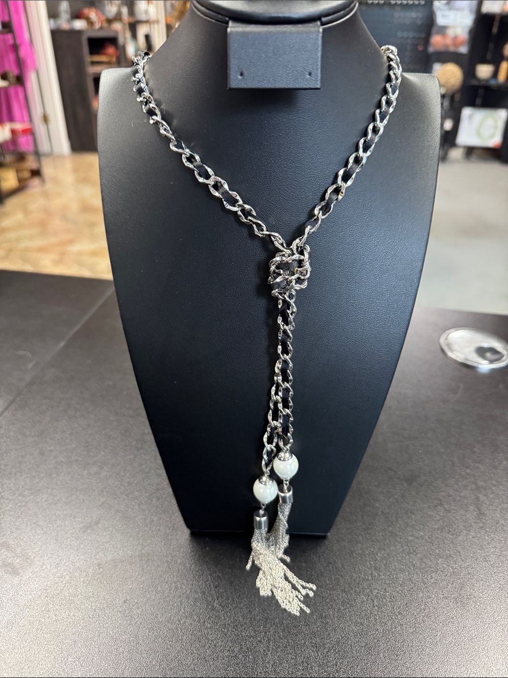 White House Black Market Silver-Tone Knot Lariat Necklace with Pearl Tassels